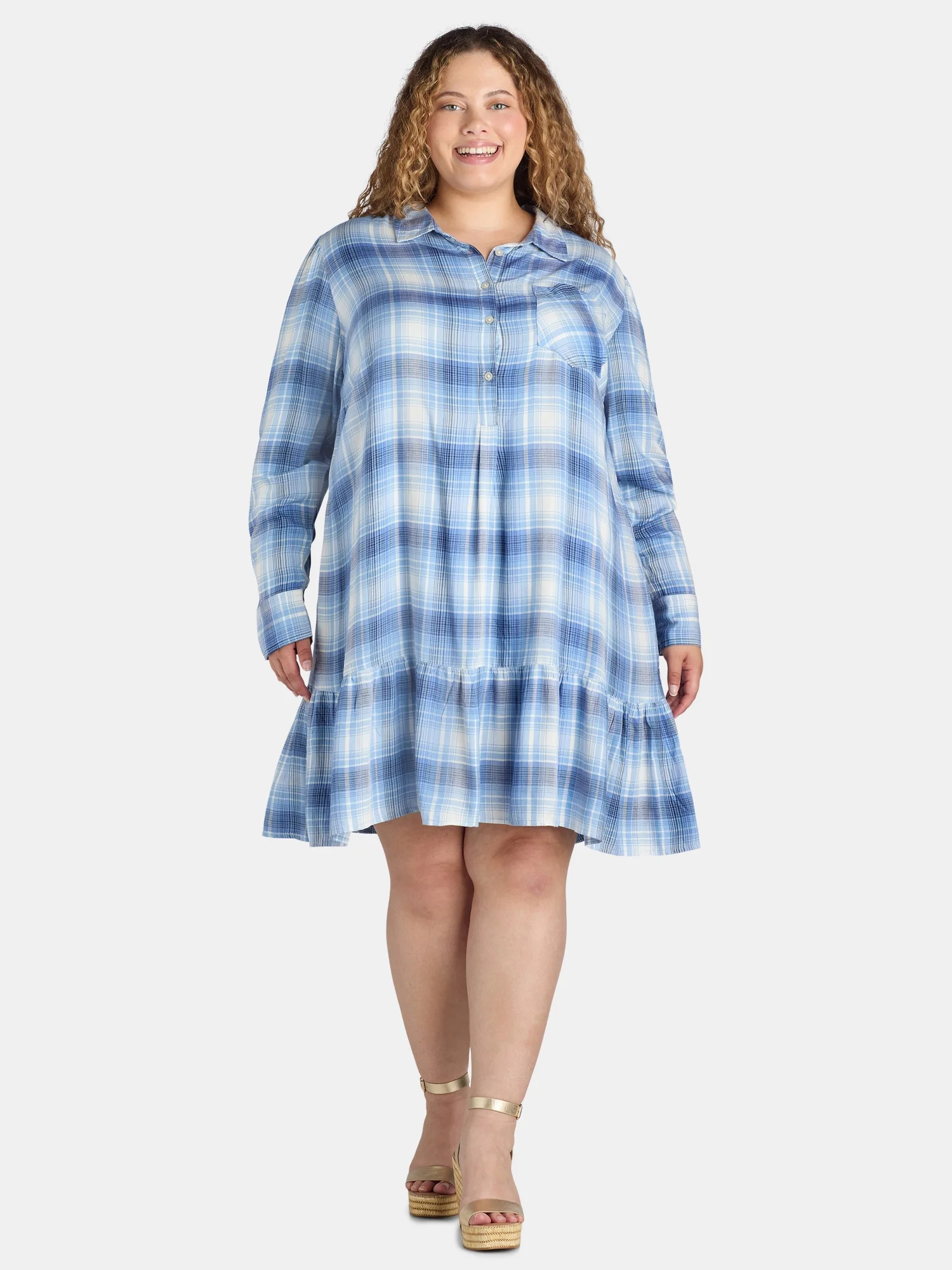 Time and Tru Women's and Women's Plus Ruffle Hem Mini Shirt Dress with Long Sleeves, Sizes XS-4X | Walmart (US)