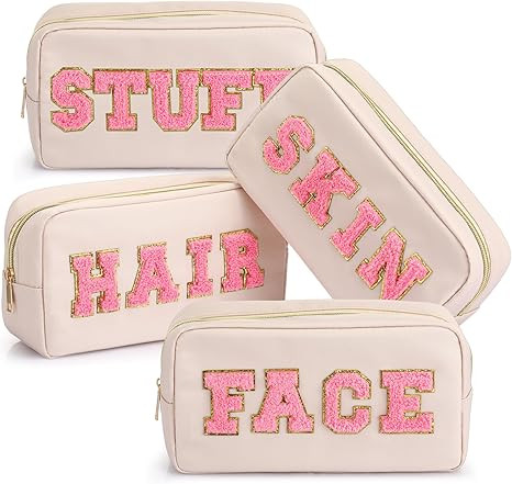 Remerry 4 Pcs Nylon Cosmetic Bag Travel Organizer Chenille Letter Makeup Pouch Zipper Preppy Wate... | Amazon (US)