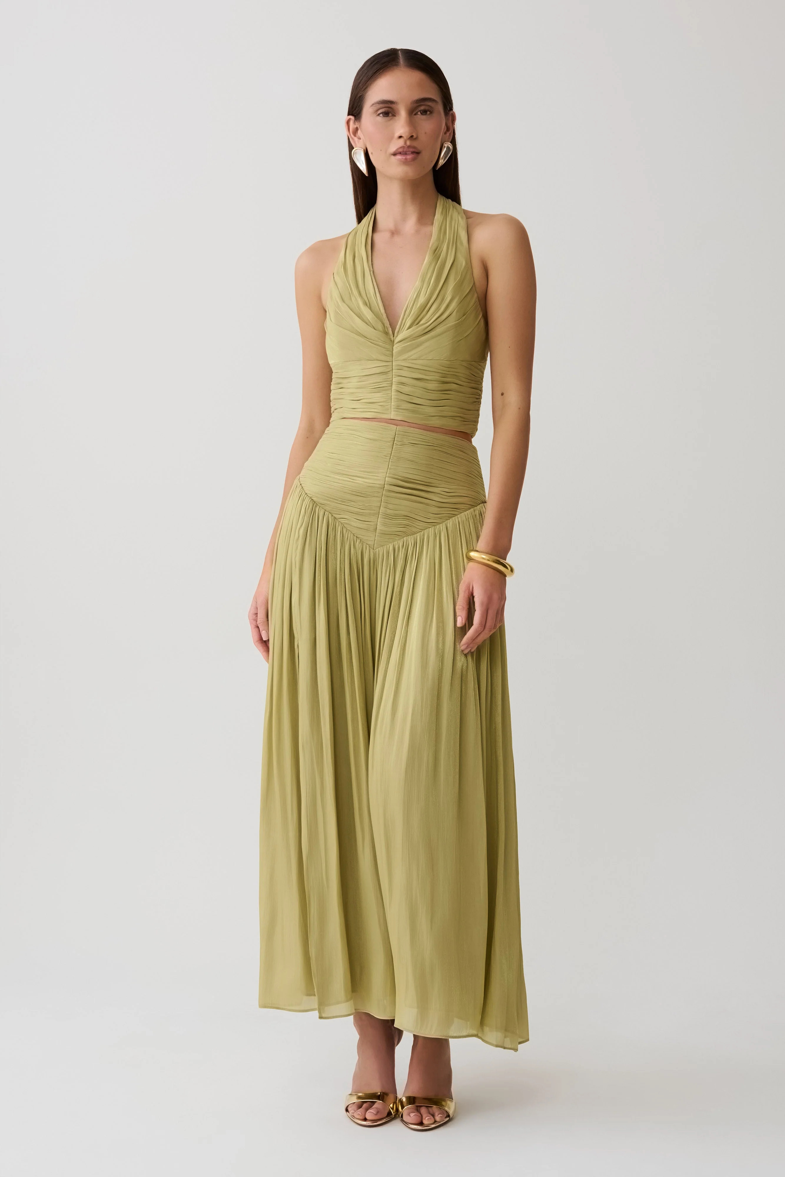 Makena Gathered Midi Skirt / Green | MESHKI | S | MESHKI US