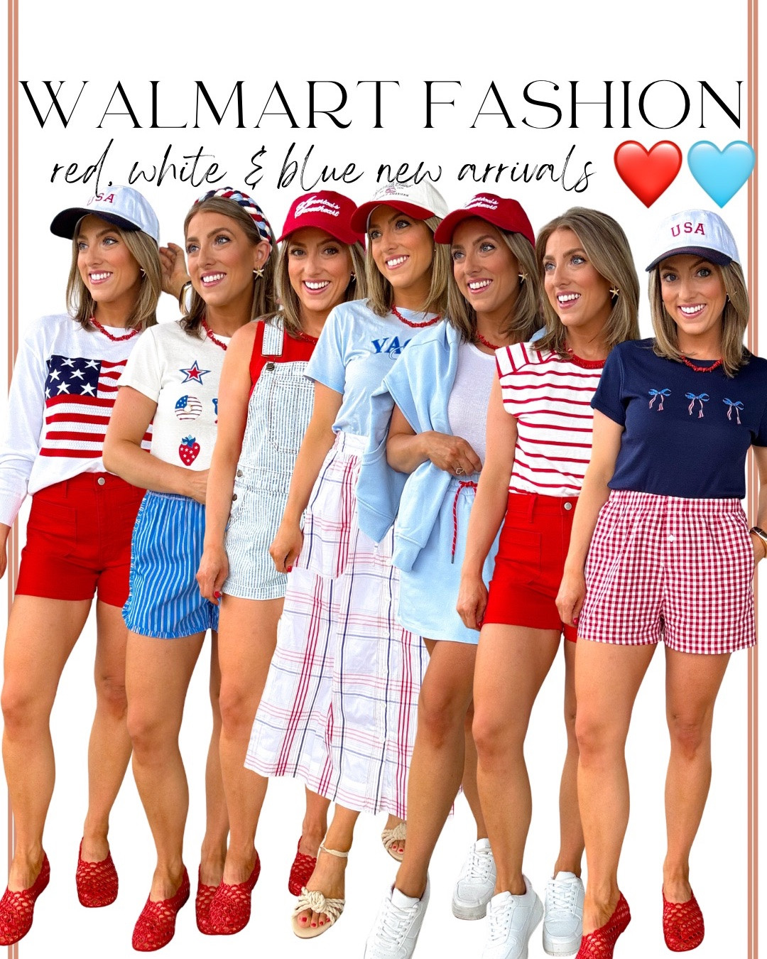 Walmart understood the assignment with these red, white & blue new arrivals 😍🇺🇸 SO many cute patriotic outfits for Memorial Day, the Fourth of July, summer vacations, backyard cookouts, lake days, and all the Americana moments this season ❤️🩵

From gingham shorts and striped dresses to the cutest USA sweatshirts, patriotic graphic tees, matching sets, overalls, and easy summer separates… every single piece looks WAY more expensive than it is. And the accessories are SO good too 👏🏼

I’m especially obsessed with all the red woven shoes, blue gingham pieces, patriotic hats, and the lightweight summer dresses that are perfect for warm weather. Everything is comfy, easy to style, and gives that effortless coastal Americana vibe I love for summer.

Walmart fashion has seriously been SO good lately and these new arrivals are going to sell FAST 😍 Linking all my favorites!

#walmartfashion #walmartfinds #patrioticstyle #americanastyle #redwhiteandblue #fourthofjulyoutfit #memorialdaystyle #summeroutfits #walmartnewarrivals #affordablefashion #coastalstyle #summerfashion #ginghamstyle #casualsummerstyle #everydaystyle #vacaystyle #walmartstyle #patrioticoutfits #summerwardrobe #affordablesty

#LTKootd #LTKPetite #LTKSeasonal