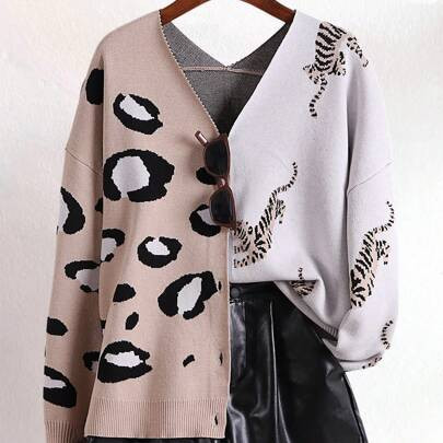Casual Colorblock Leopard & Tiger Print Oversized V-Neck Cardigan, Autumn/Winter | SHEIN