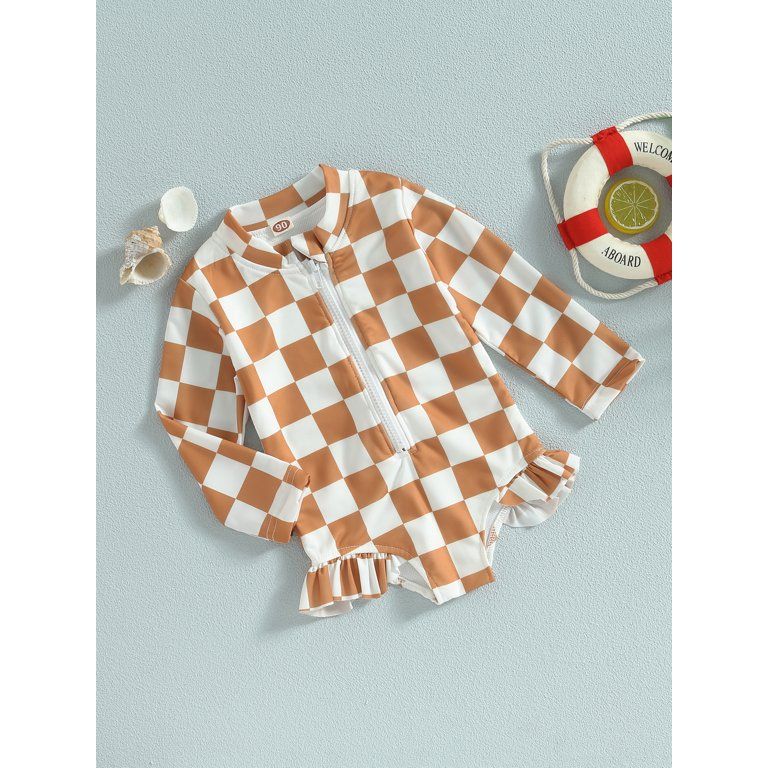 Bagilaanoe Toddler Baby Girl One-Piece Swimsuit Plaid Print Long Sleeve Zipper Rashguard Swimwear... | Walmart (US)