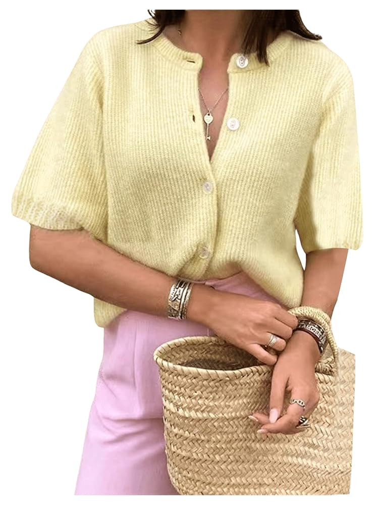 SHENHE Women's Y2K Short Sleeve Cardigan Button Down Knitted Lightweight Cropped Cardigan Sweater | Amazon (US)