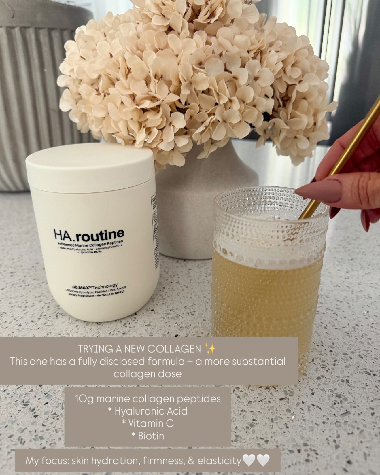 TRYING A NEW COLLAGEN ✨ 
Save 20% code Glow20
This one has a fully disclosed formula + a more substantial collagen dose🙌🏻
10g marine collagen peptides
* Hyaluronic Acid
* Vitamin C
* Biotin
My focus: skin hydration, firmness + elasticity🤍🤍
 I can tell it’s making a difference in the way my face looks, it looks more vibrant, youthful, and tighter….I take with my other supplements in the am, and I prefer with ice

#LTKselfcare #LTKmorningroutine #LTKBeauty