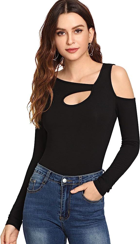 SheIn Women's Cutout Long Sleeve Tee Cold Shoulder Rib Knit T-Shirt Junior Tops | Amazon (US)