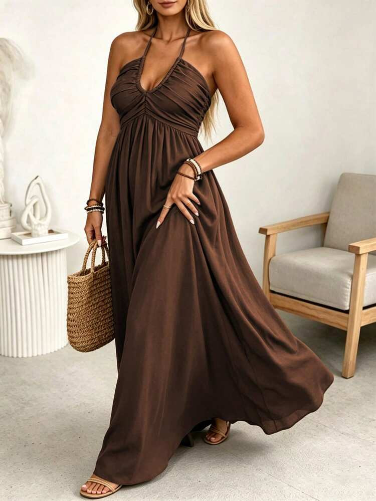 Ceyna Women's Plus Size Spring/Summer Chocolate Brown Single-Ply Bamboo Linen Blend Viscose Spagh... | SHEIN