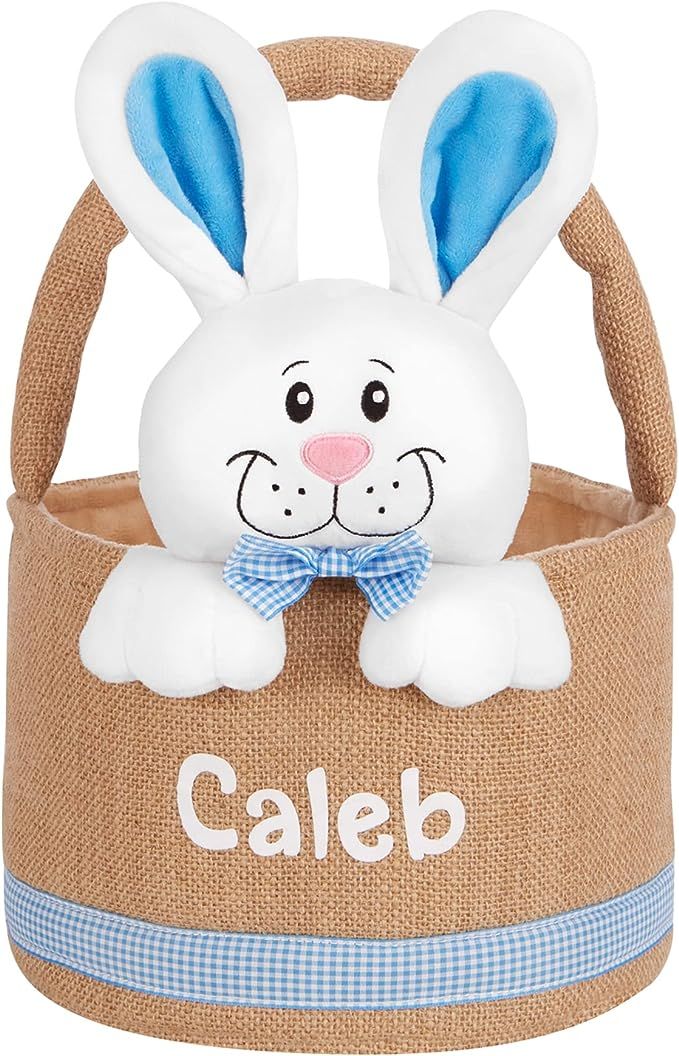 Let's Make Memories Personalized Burlap Easter Basket for Kids - w/3-D Stuffed Bunny - Blue | Amazon (US)