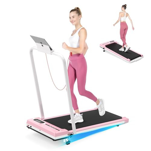 Incline Walking Pad with Handle Bar, Foldable Portable Under Desk Treadmill for Home Office, Ultra Quiet <45dB, Safety Lock, 300+ LB Capacity, Pink | Amazon (US)