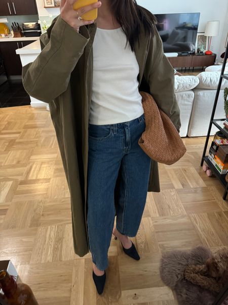 Sized down 1 size for denim (wearing a 24), the fringes tank, old Zara men’s trench, vintage Prada mules (linked similar option size up 1/2 size)