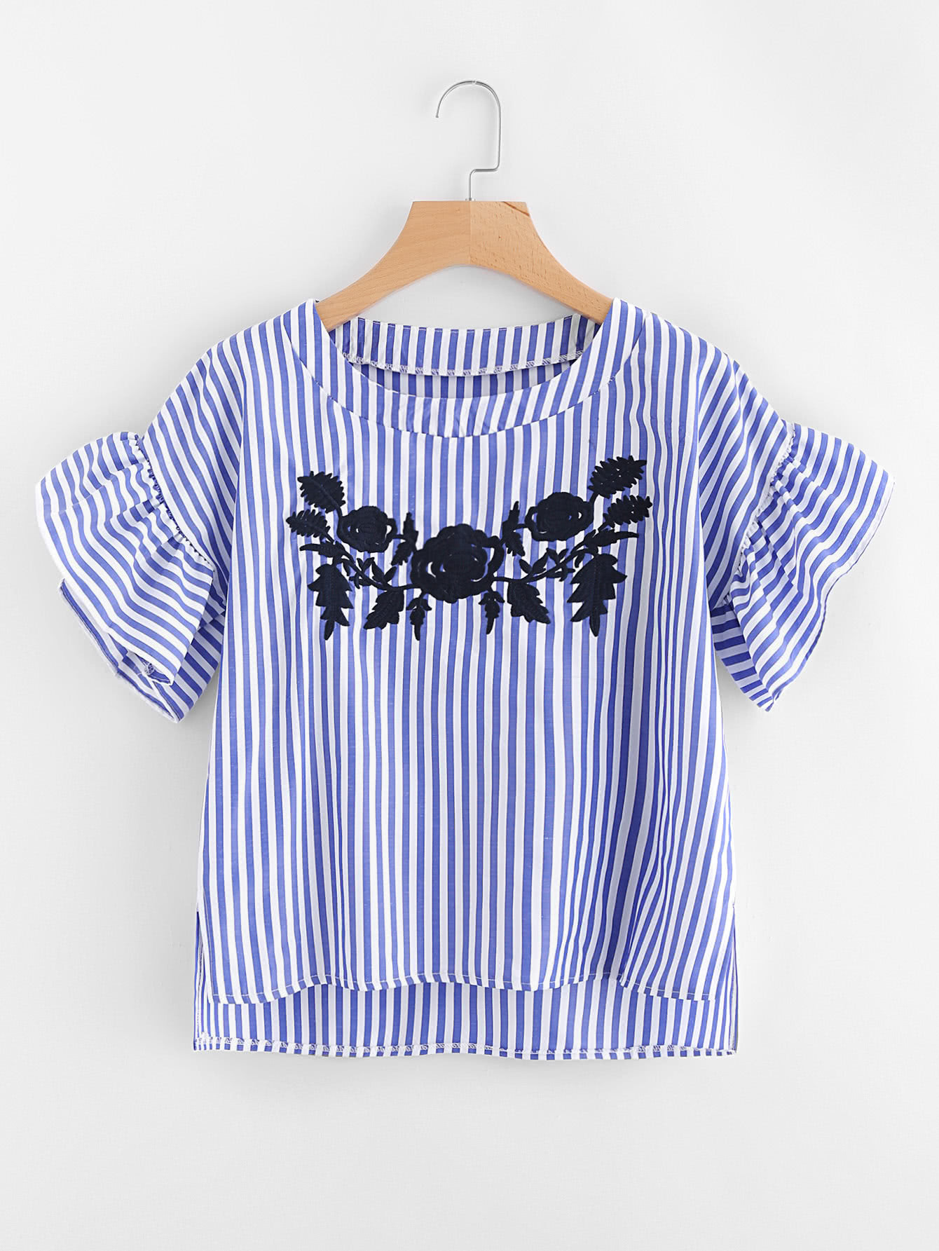 Contrast Striped Flute Sleeve Embroidery Blouse | SHEIN