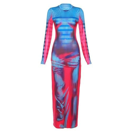 Women‘s Y2K 3D Body Print Maxi Dress Women Aesthetic Long Sleeve Unique Sexy Body-Shaping Robe Party Clubwear Rose Red | Amazon (US)