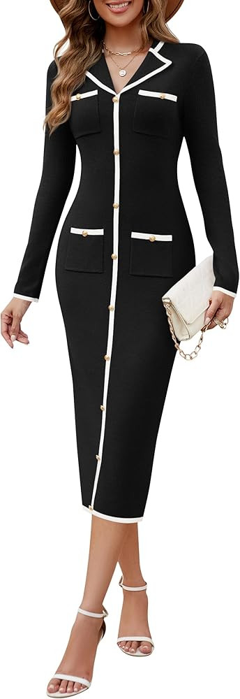 MIROL Women's Lapel Collar Sweater Dress 2024 Fall Long Sleeve Contrast Button Down Bodycon Maxi ... | Amazon (US)
