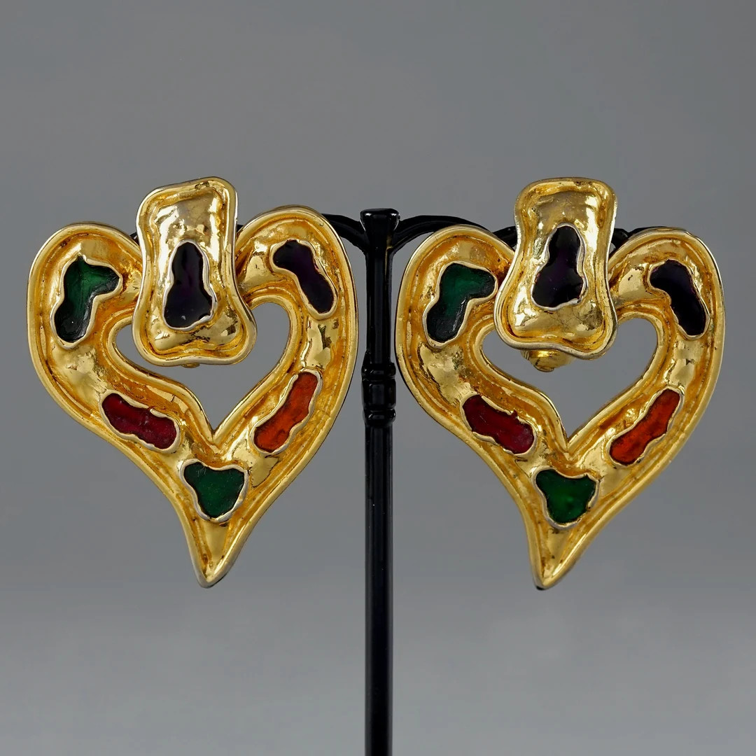 Vintage EDOUARD RAMBAUD Hammered Heart Enamel Dangling Earrings | Etsy (US)