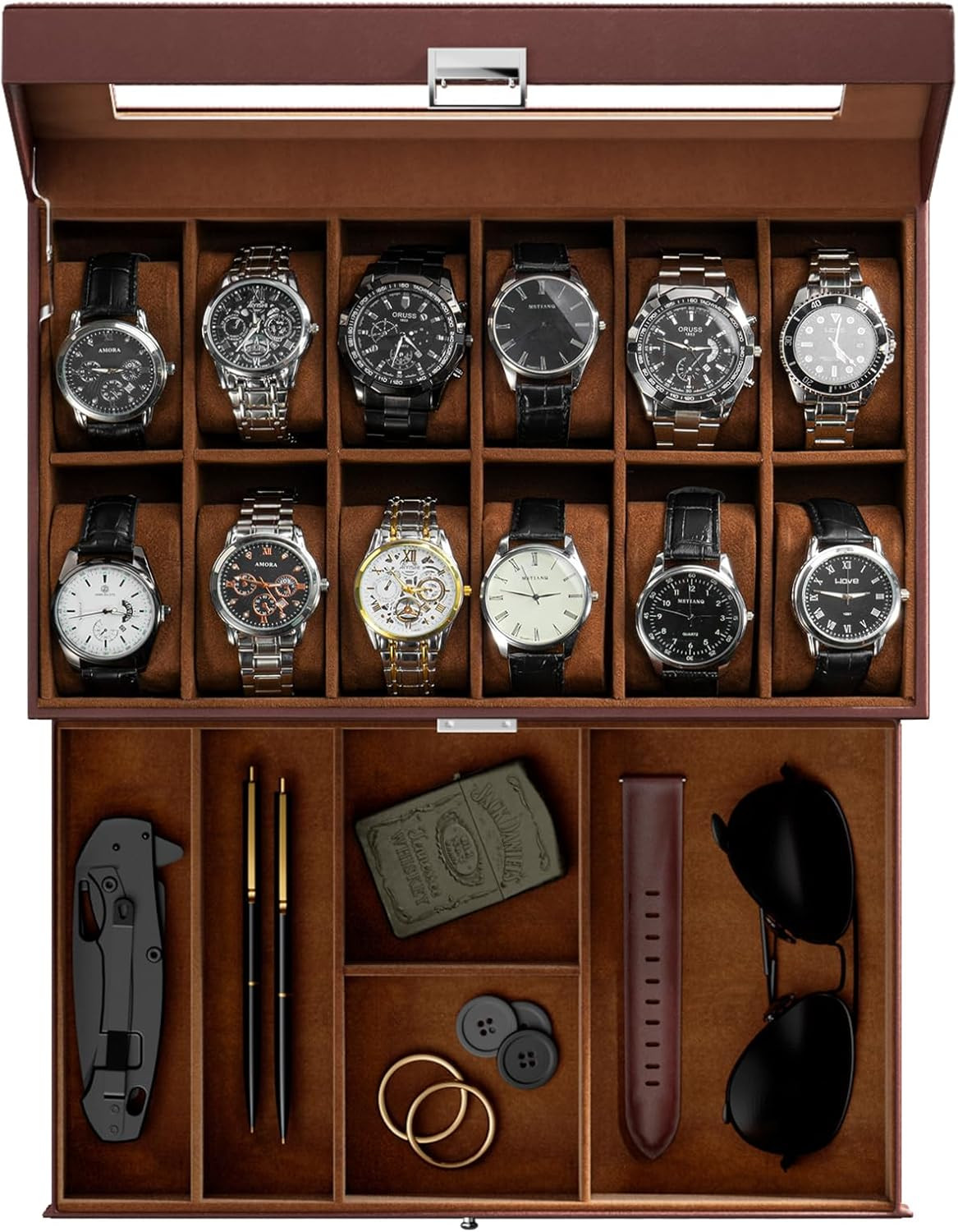 ProCase Watch Box for Men, 12 Slot Mens Watch Case With Drawer, Watch Display Case With Glass Lid... | Amazon (US)