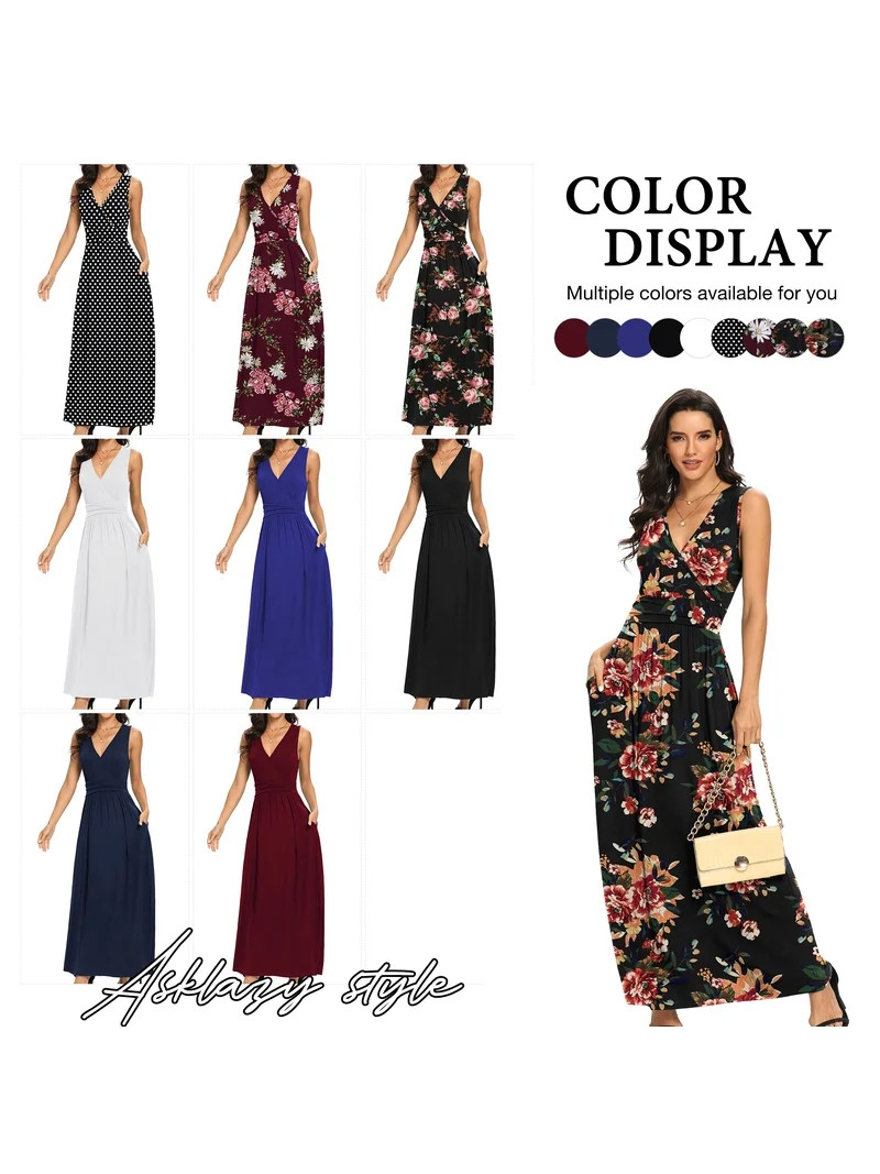 Asklazy Women Sleeveless Deep V Neck Loose Plain Long Maxi Casual Dress,US Size,L,Navy Blue | Walmart (US)