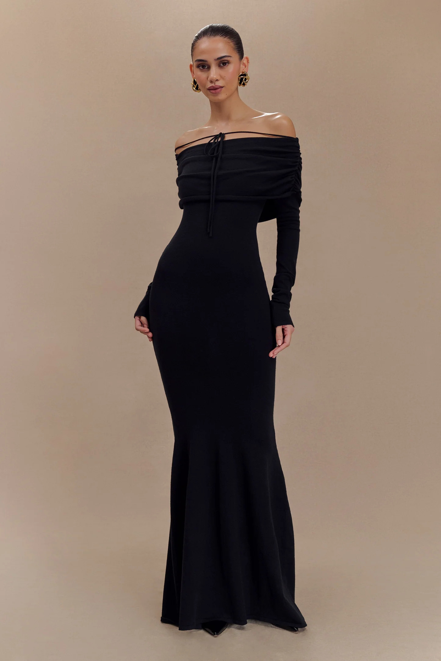 Georgiana Off Shoulder Knit Midi Dress - Black | Meshki (APAC)