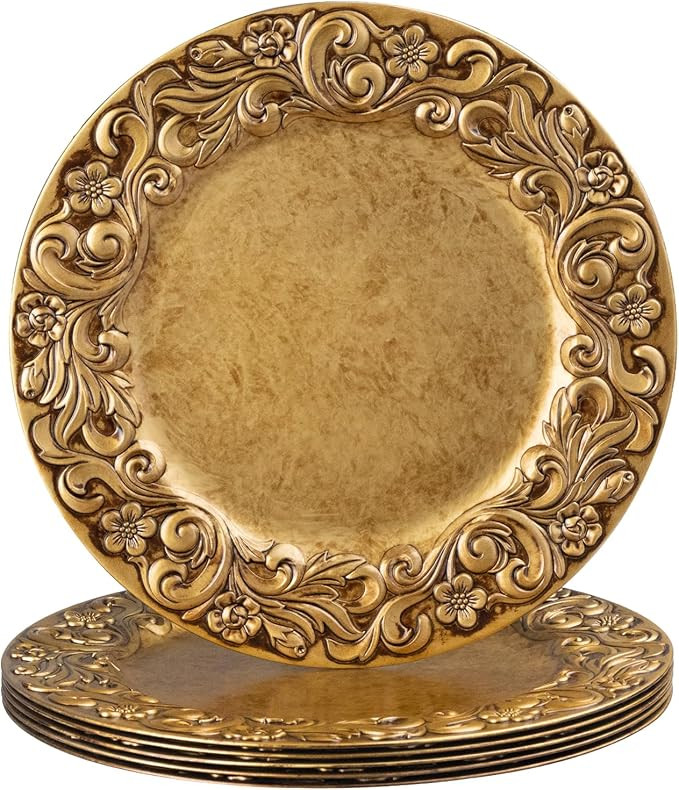 MAONAME 13" Antique Gold Charger Plates, Round Plate Chargers with Embossed Rim, Plastic Chargers... | Amazon (US)