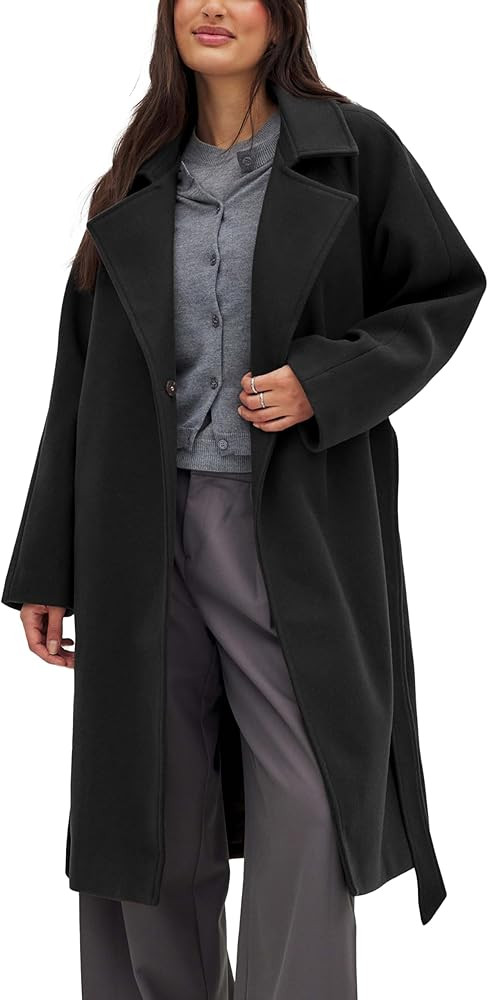 Belted Coat for Women Winter Classic Loose Open Front Notch Lapel Trench Peacoat Long Outwear wit... | Amazon (US)