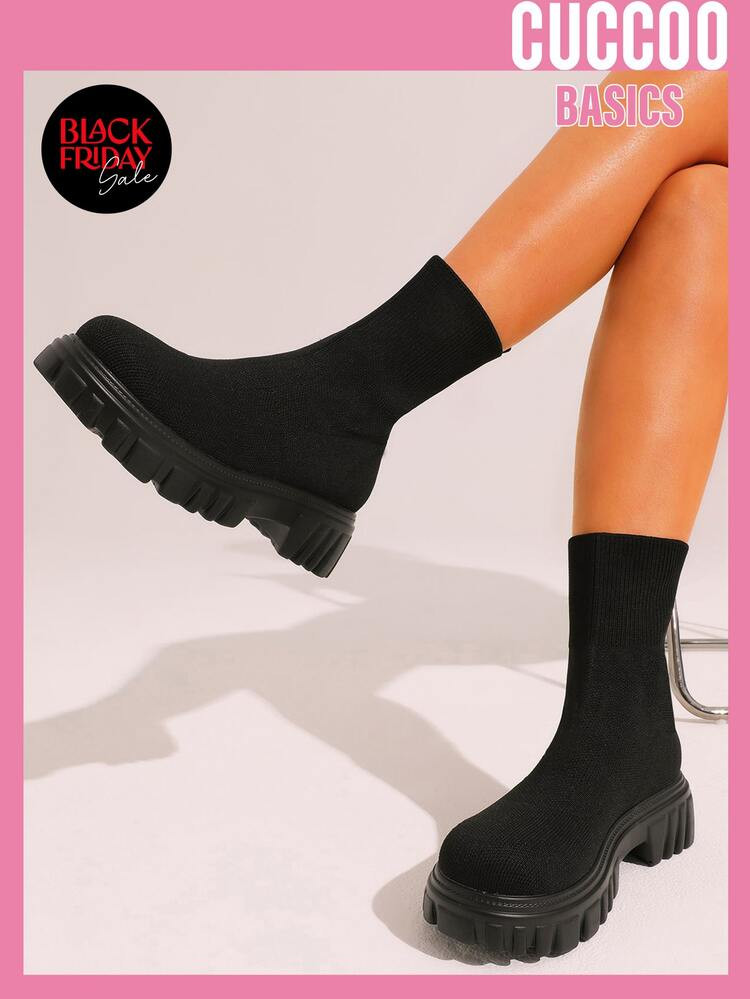 CUCCOO Basic Minimalist Knit Platform Sock Boots | SHEIN