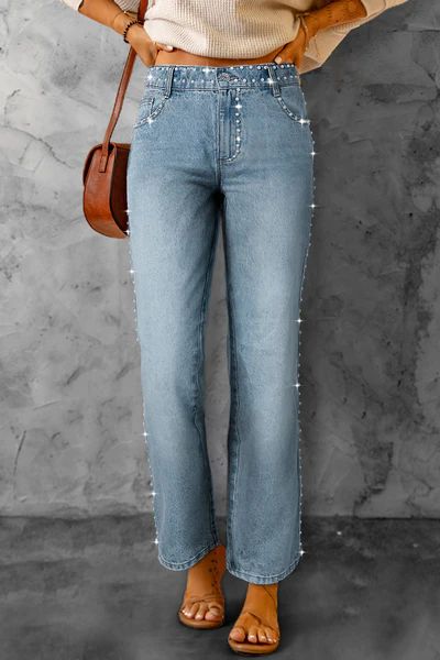 Pearl Beaded Shift mid-rise straight-leg jeans | Evaless