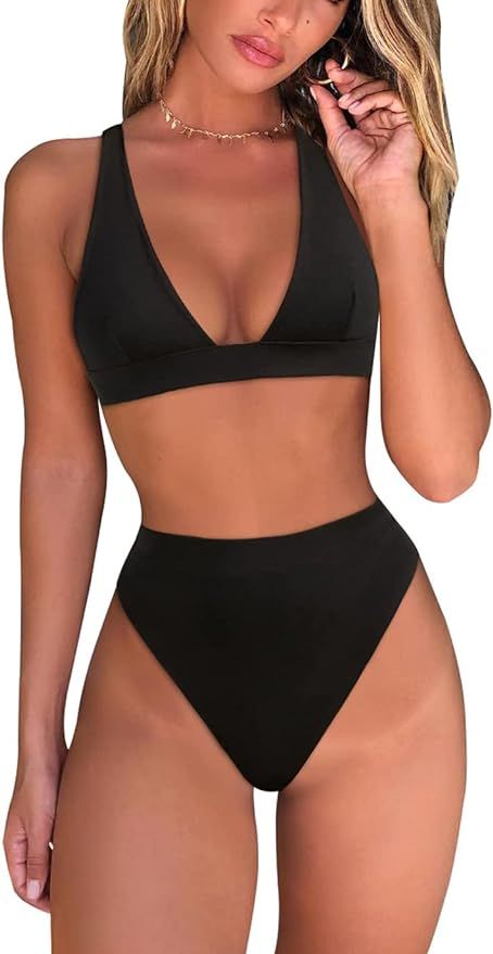 fatty tiger Womens High Waisted Thong Bikini Sets Sexy Brazilian Triangle Top Deep V Neck Two Pie... | Amazon (US)