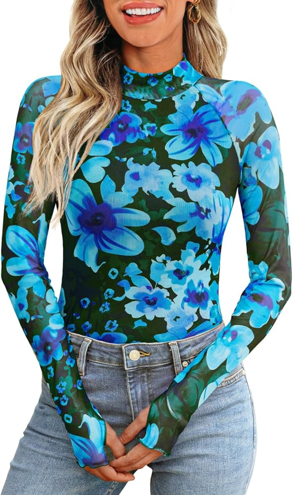 Dealmore Lace Long Sleeve Floral Mesh Mockneck Going Out Tops for Women Fashion Fall Outfits 2025 | Amazon (US)