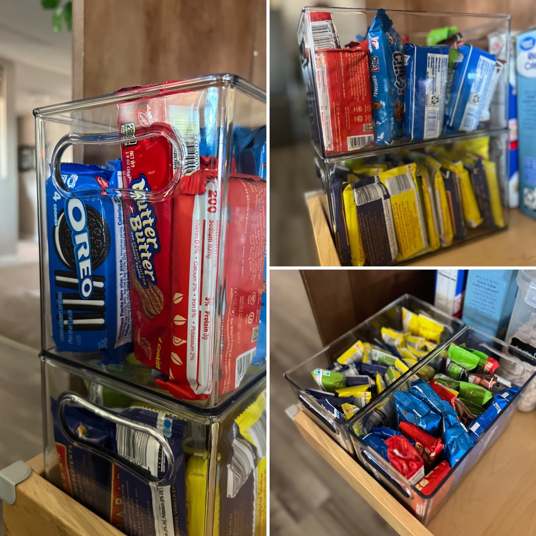 Kitchen cabinet organizing Post 2! I love these clear bins so much that I use them all over my house.  Clear acrylic, sturdy with handles, and they stack! Great price point too #homeonabudget #storagesolutions #kitchenhacks #clearstorage 