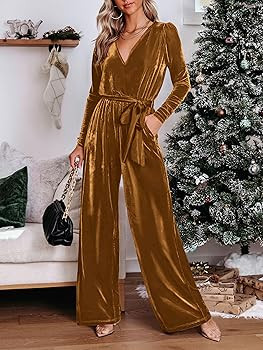 MASCOMODA 2024 Velvet Long Sleeve Wide Leg Jumpsuits for Women Dressy V Neck Belted Romper One Pi... | Amazon (US)