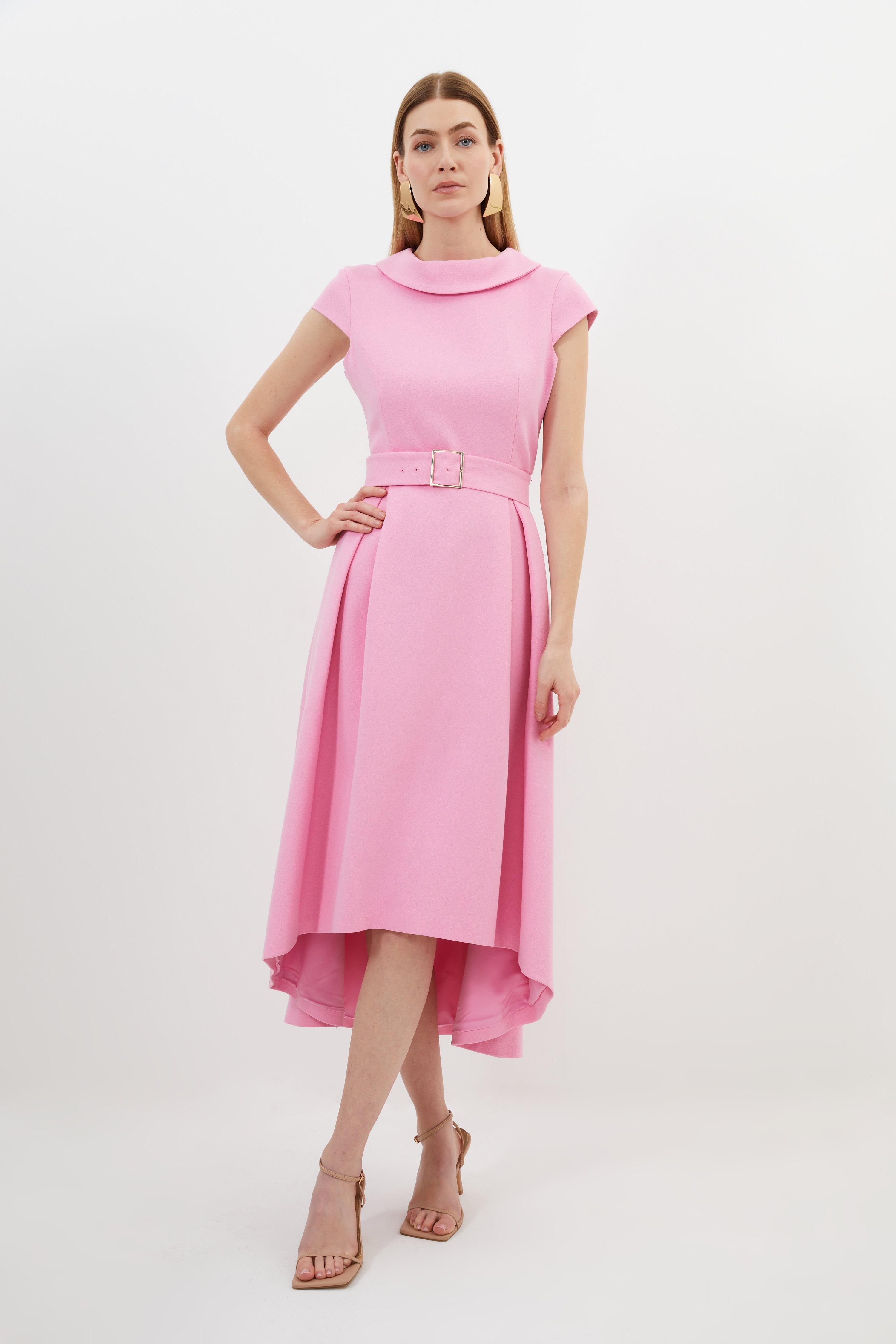 Structured Crepe Turtleneck Dip Hem Cap Sleeve Midi Dress | Karen Millen US