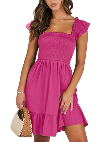 ANRABESS Women's Summer Casual Sleeveless Square Neck Dress 2025 Smocked Ruffle Backless Boho Beach Cute Teen Short Sundress Hot Pink Small | Amazon (US)