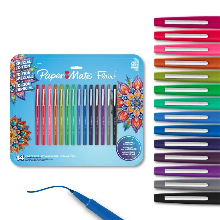 Paper Mate Flair Felt Tip Pens, Medium Point (0.7mm), Assorted Colors, 14 Count | Walmart (US)