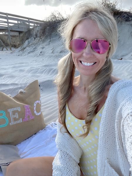 This is my buttery soft one piece swimsuit from Onia with a chunky cardigan sweater, pink flash lens aviator sunglasses, a round beach towel from The Beach People, and a beach tote bag. I attached some similar looks as well! 
#ltkitbag



#LTKU #LTKtravel #LTKswim