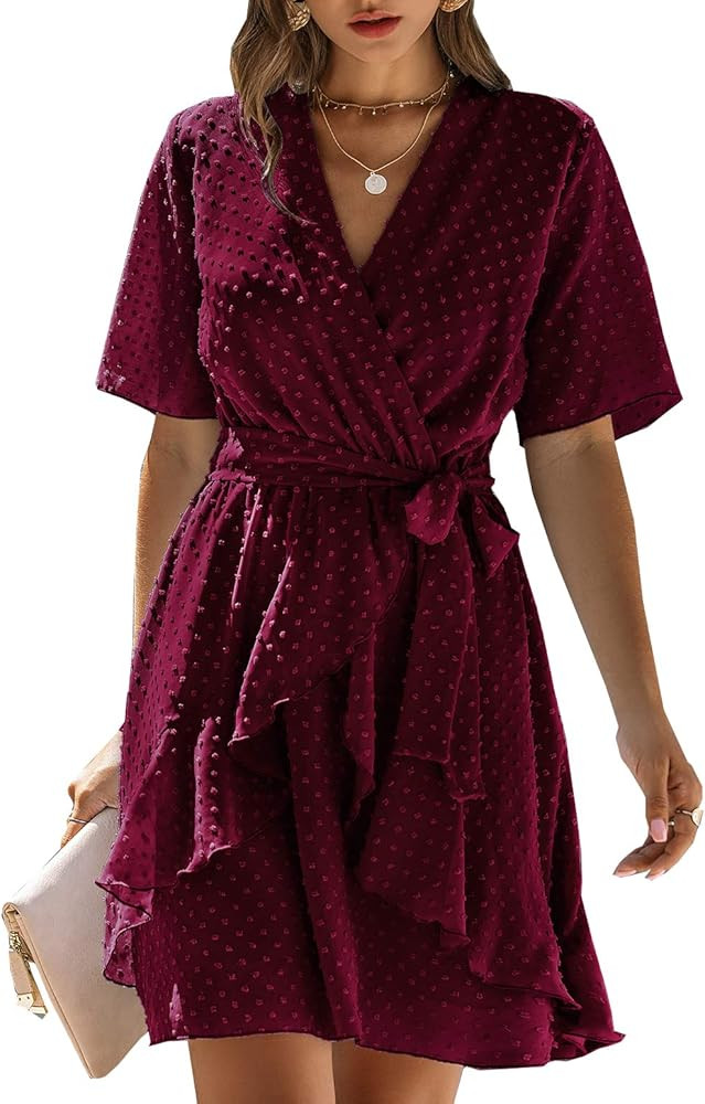 BTFBM Women Fashion Faux Wrap Swiss Dot V-Neck Short Sleeve High Waist A-Line Ruffle Hem Plain Be... | Amazon (US)