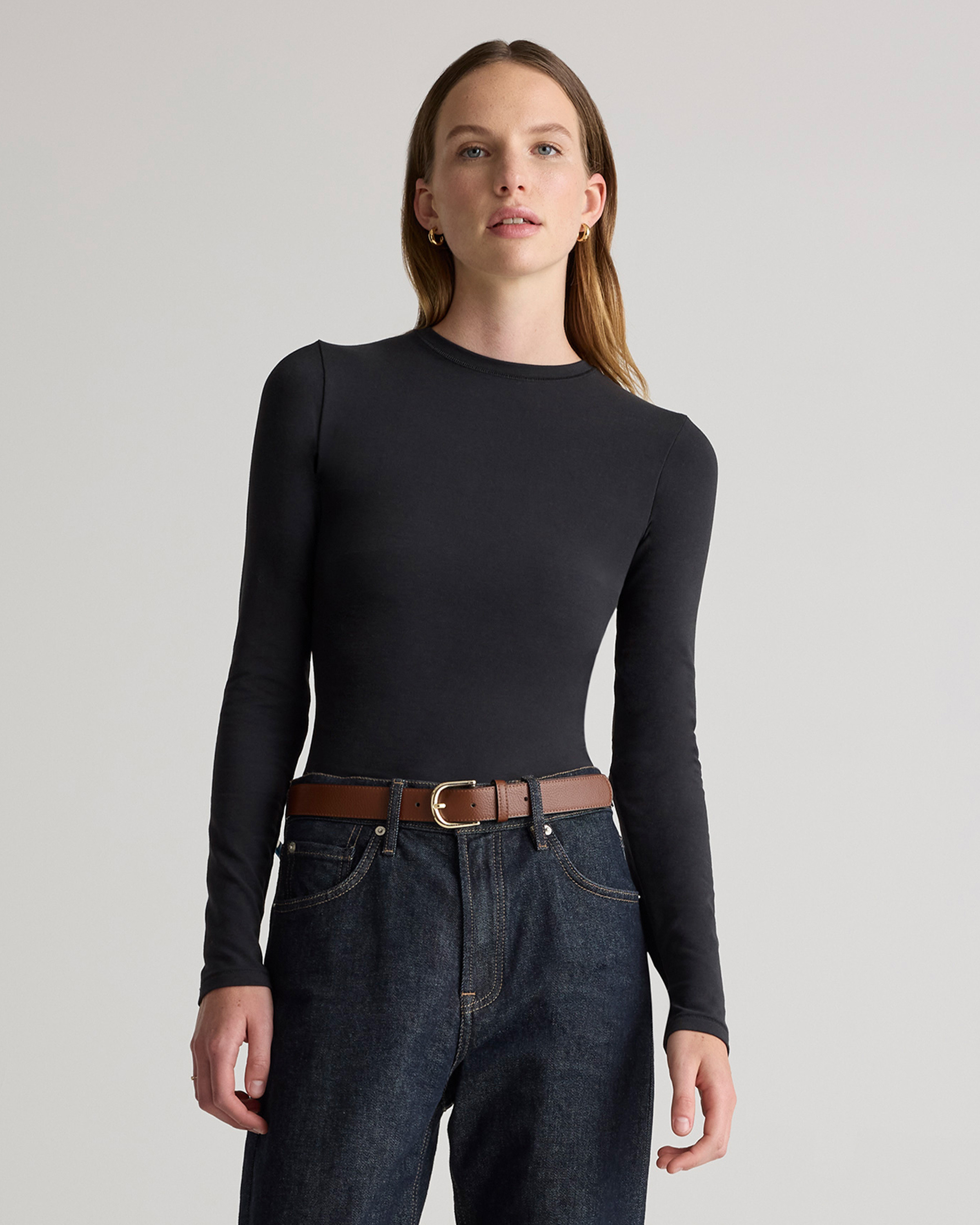 Quince | Women's Stretch Cotton Jersey Fitted Long Sleeve T-Shirt in Black, Size Large, Organic Cotton | Quince