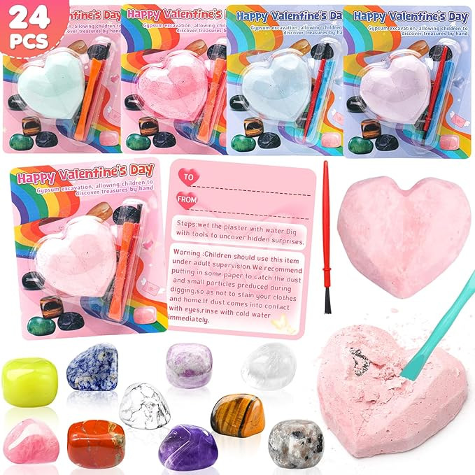 24 Pack Valentines Gemstones Dig Kit for Kids–Valentines Cards with Gems Crystal Excavation, Sc... | Amazon (US)