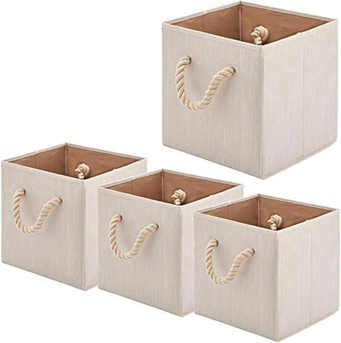 Foldable Bamboo Fabric Storage Bins [set of 4] with Cotton Rope Handles, Collapsible Organizer Bo... | Amazon (US)