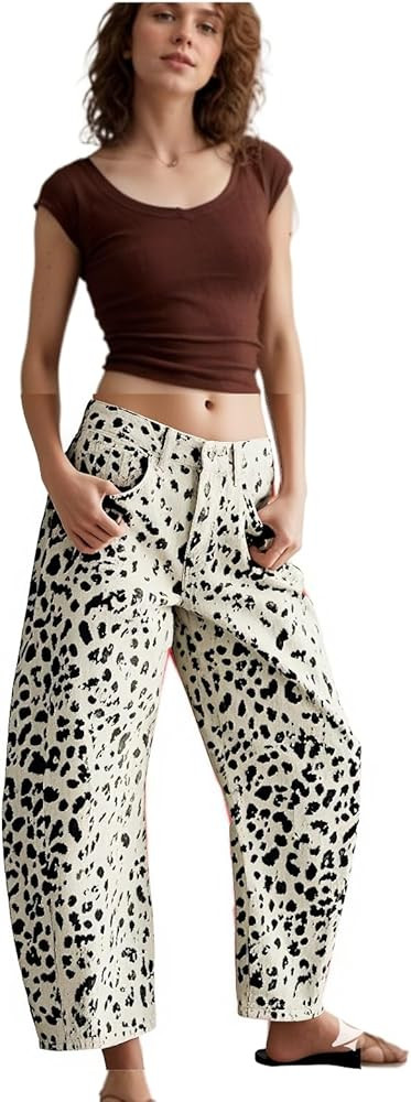 YSW Women's Baggy Barrel Jeans Casual Boyfriend Mid Rise Leopard Printed Wide Leg Denim Ankle Pan... | Amazon (US)