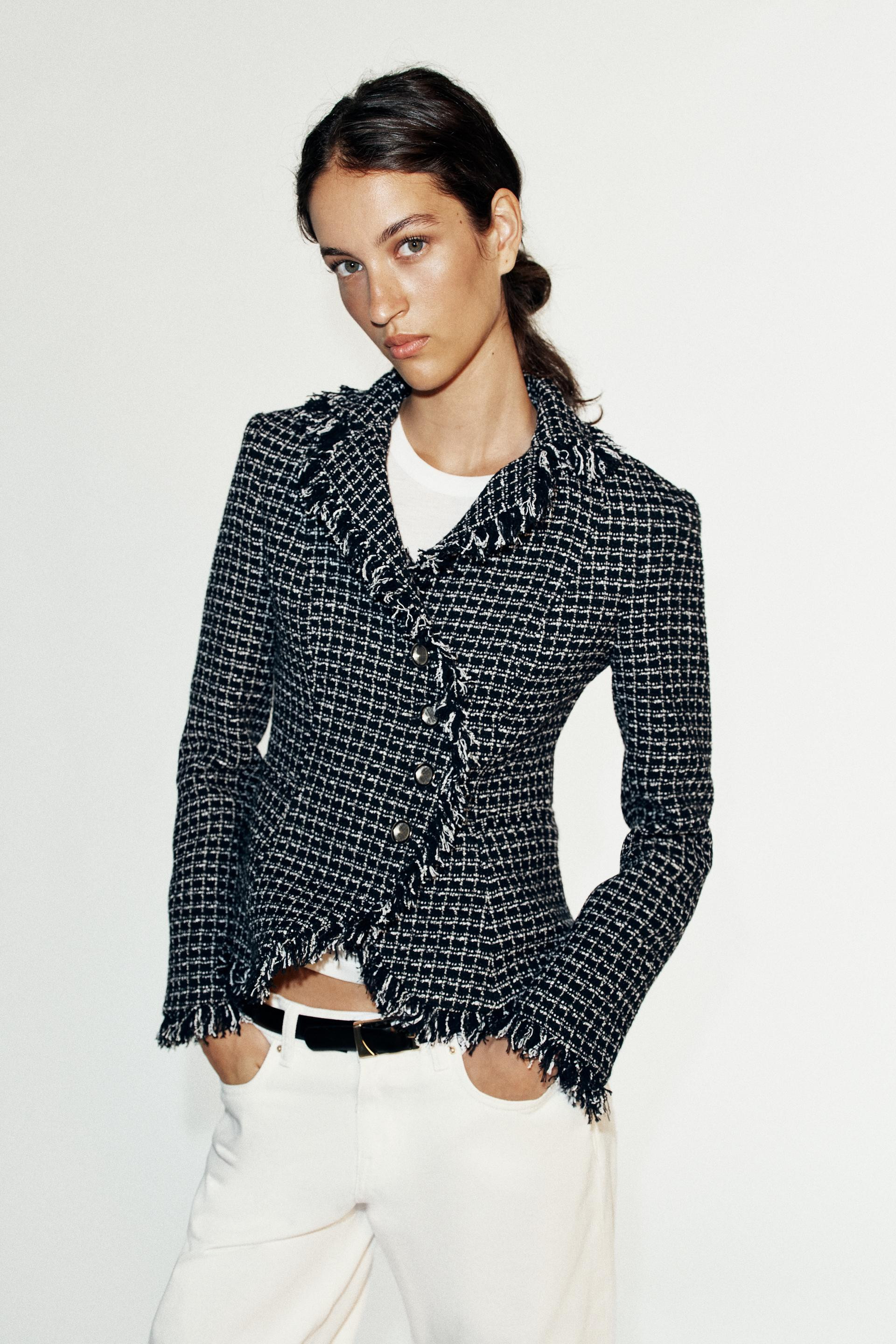 Zara - Structured Frayed Blazer - Black / White - S - Woman | Zara US