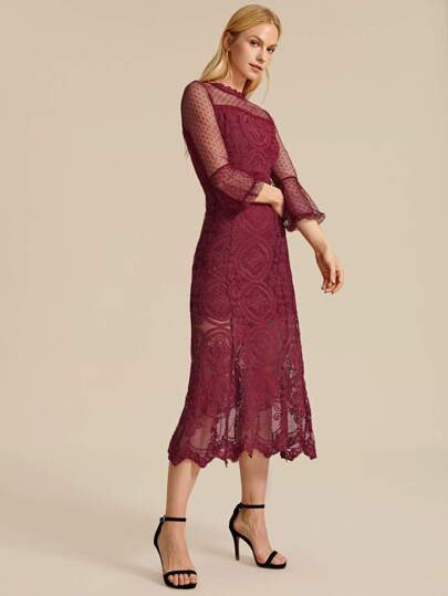 Zipper Back Sheer Yoke Embroidery Mesh Overlay Dress | SHEIN