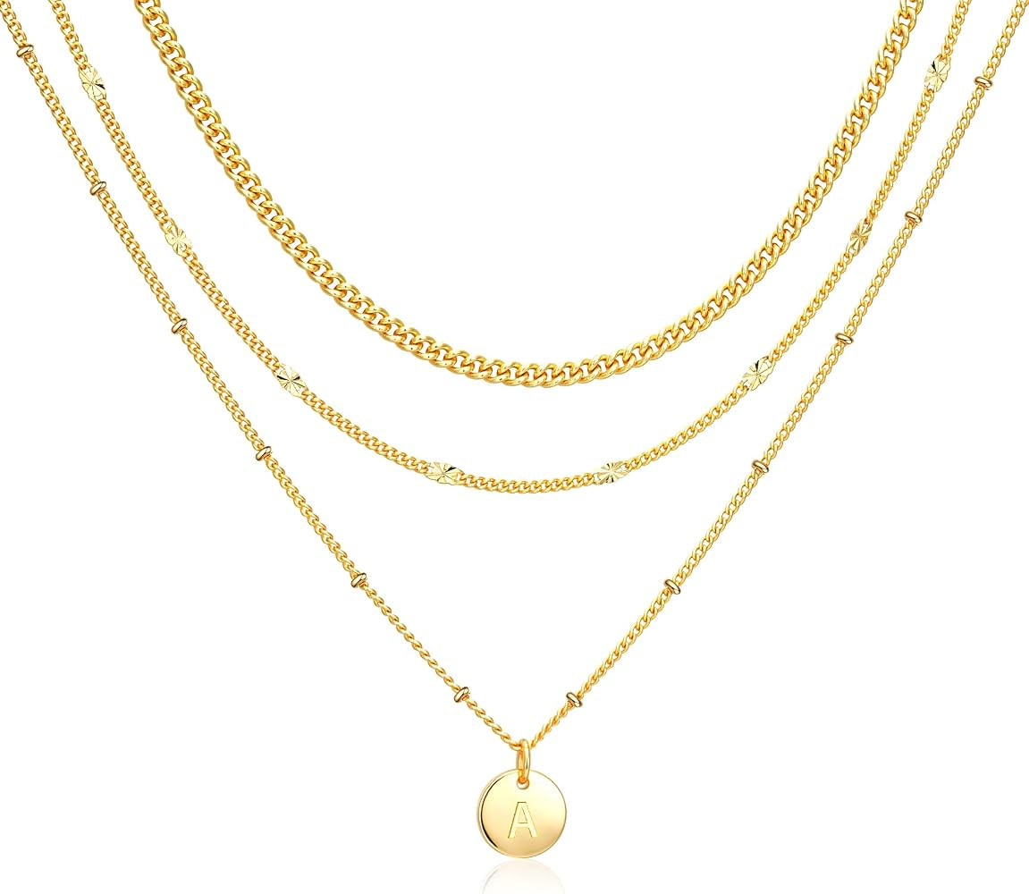 3 collares para mujer, collares con iniciales en capas, chapados en oro de 14 quilates/plata, col... | Amazon (US)