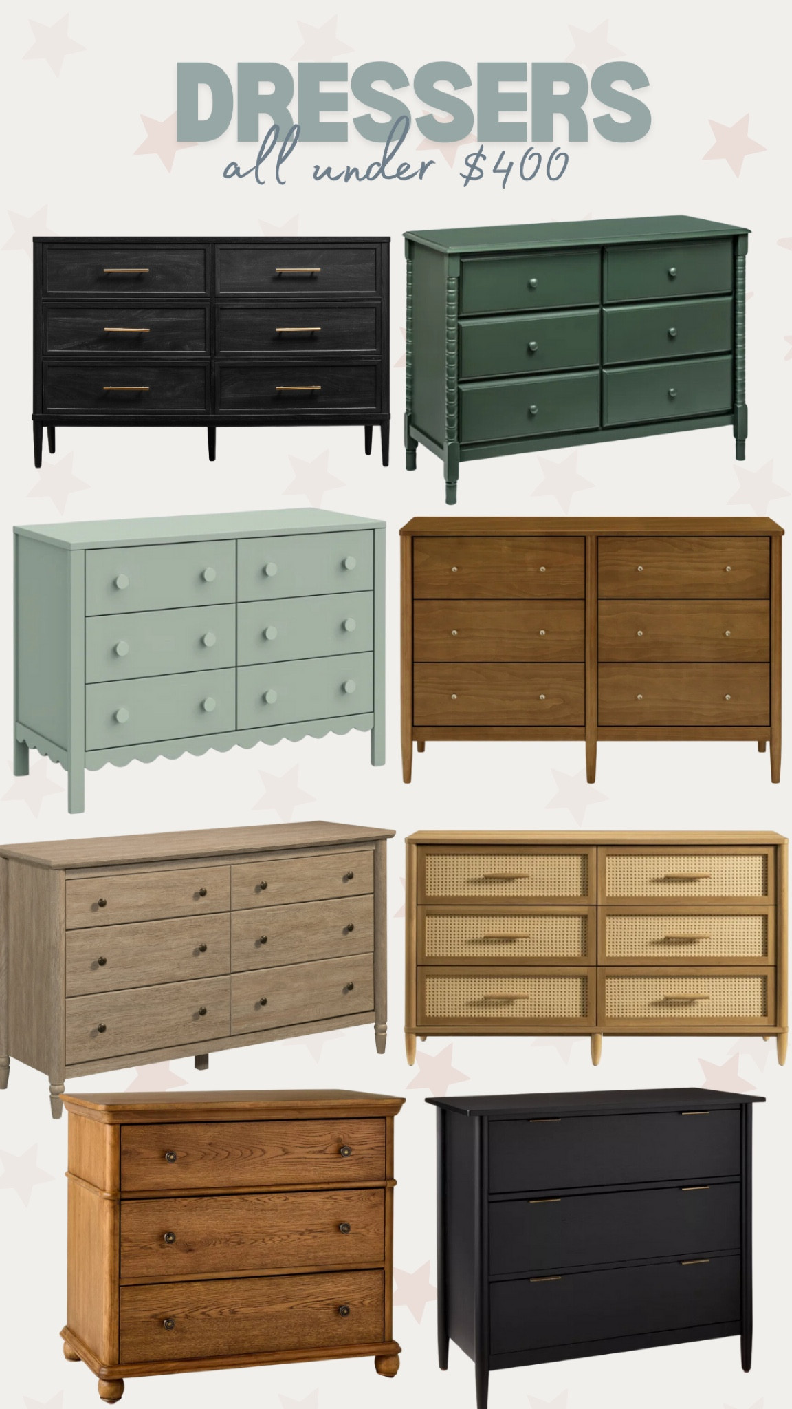 Great dressers all under $400! 

THEBLOOMINGNEST dresser wayfair Walmart target bedroom furniture 

#LTKFamily #LTKHome #LTKStyleTip