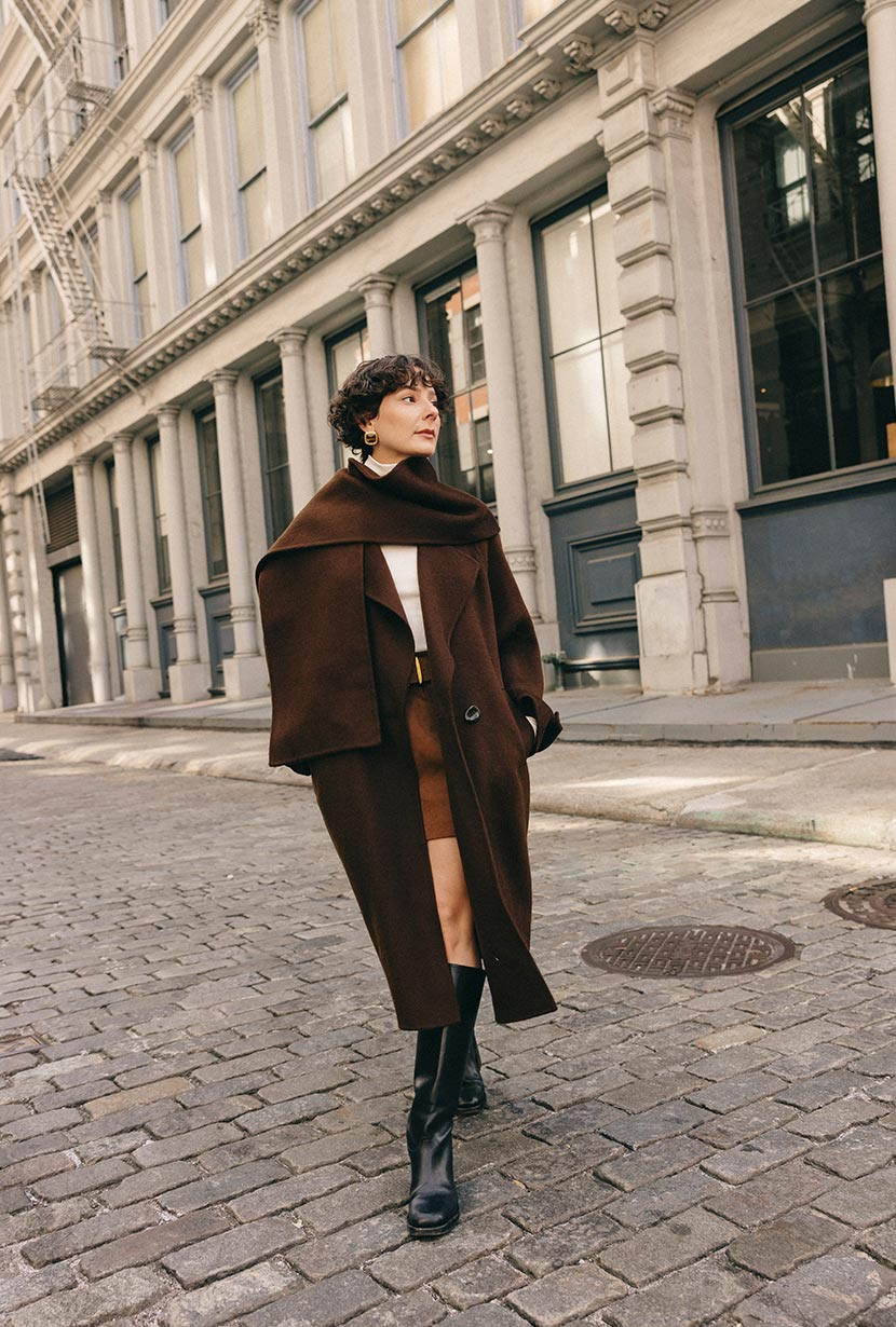 Carina Wool & Silk Scarf Coat - Chocolate | Petite Studio NYC