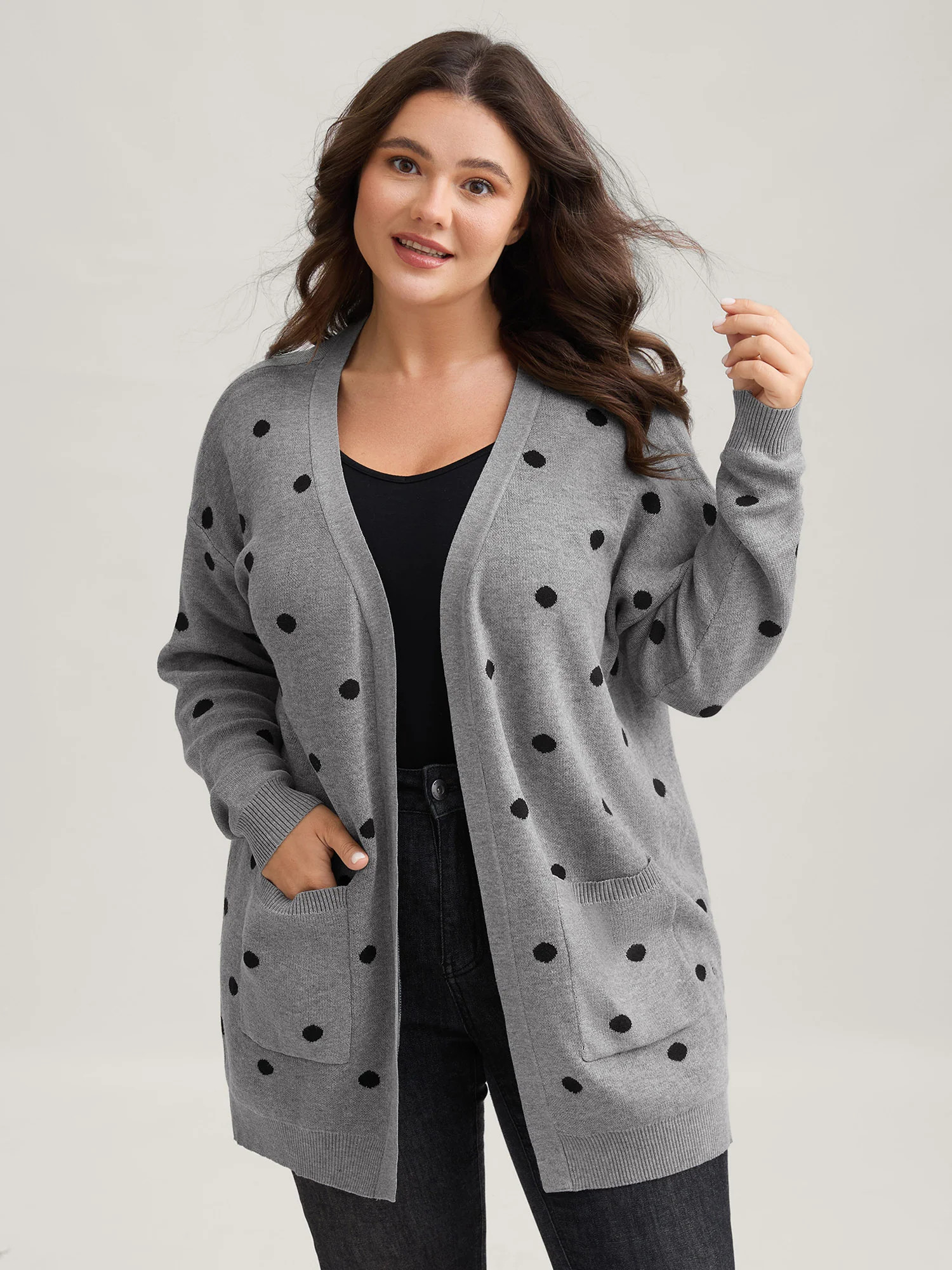 Polka Dot Kimono Collar Patch Pocket Cardigan | Bloomchic