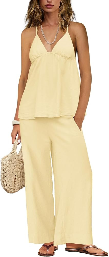 ReachMe Womens 2 Piece Linen Set Spaghetti Strap Top and Wide Leg Pants Set with Pockets Loungewe... | Amazon (US)