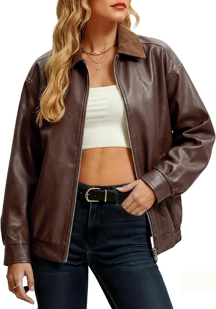 Casly Lamiit Women Leather Jacket Oversized Bomber Motorcycle Zip Up Jacket Spring Trendy Coats F... | Amazon (US)