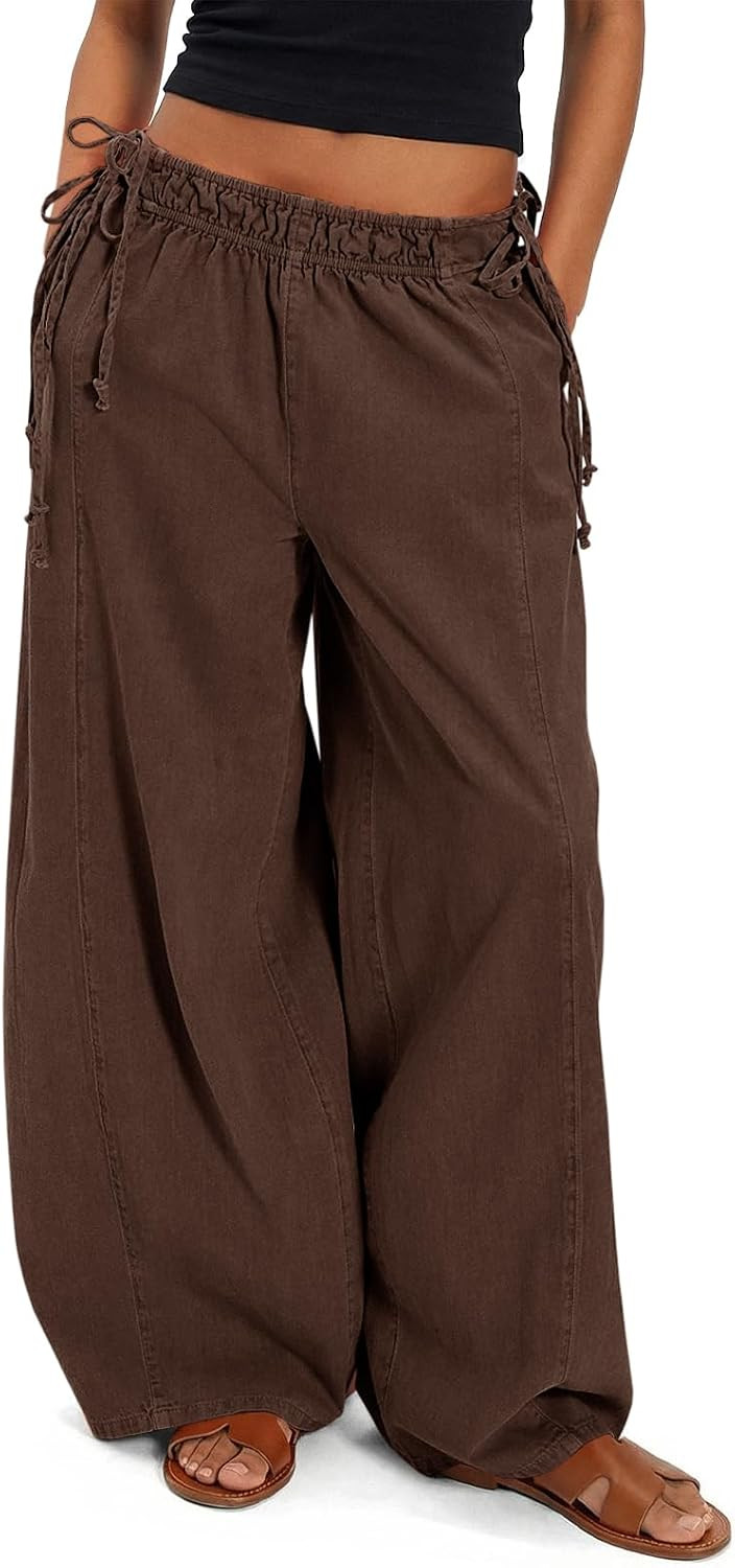 Fisoew Womens Wide Leg Pants Casual Low Rise Baggy Drawstring Cotton Pant | Amazon (US)