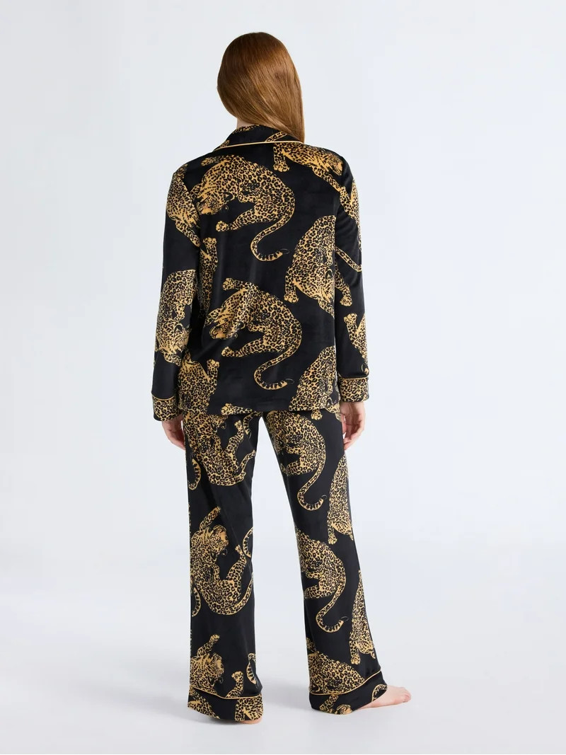 Joyspun Women’s Stretch Velour Notch Collar Long Sleeve Pajama Set, Sizes XS to 4X | Walmart (US)