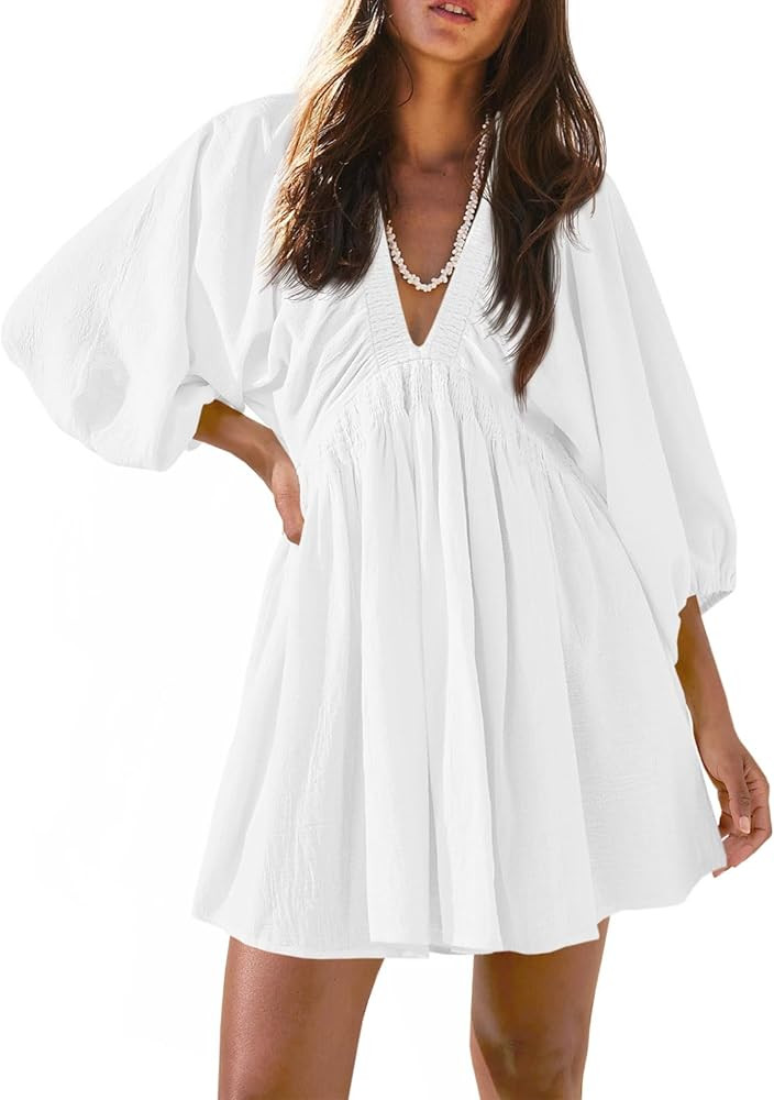 Fisoew Women's Long Sleeve Mini Dresses Deep V Neck Loose Swing Beach A Line Dress with Pockets | Amazon (US)