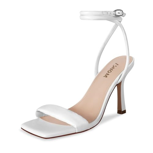 ISNOM White Square Toe Stiletto Heels, Size 8, Faux Leather, Ankle Strap Sandals for Women | Amazon (US)