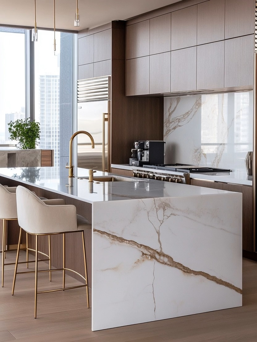 Understated elegance at its finest.

These ivory-taupe kitchen island chairs with slim gold legs instantly elevate the space without overpowering it. Paired with a brushed gold faucet and matching sink hardware, the look feels cohesive, refined, and quietly luxurious.

The marble waterfall island adds softness and movement, while the warm wood cabinetry grounds everything beautifully.

Want to take it one step further? Add small statement appliances — a toaster, coffee machine, or kettle — in brushed gold or ivory to subtly echo the hardware and complete the look.

Soft neutrals. Warm gold accents. Effortless sophistication.

#UnderstatedLuxury #ElegantKitchen #GoldAccents #ModernKitchenDesign #MarbleIsland #QuietLuxury #KitchenInspo #IntentionalHome 

 #LTKHome